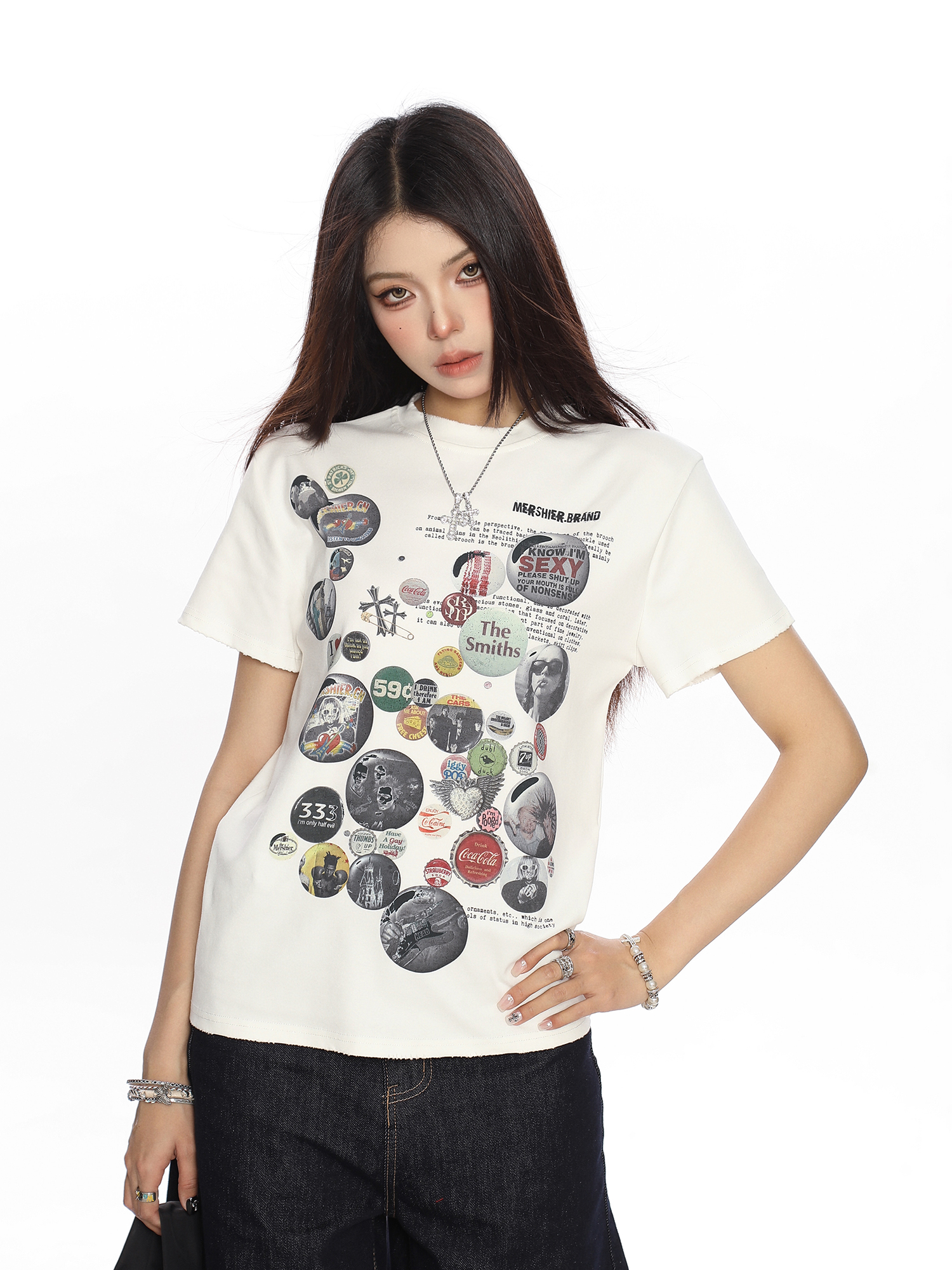 American Badge All-Over Print Round Neck Short Sleeve T-Shirt for Women - Summer Loose Casual Versatile Top, Trendy 90s Style American Badge All-Over Print Round Neck Short Sleeve T-Shirt for Women - Summer Loose Casual Versatile Top, Trendy 90s Style
