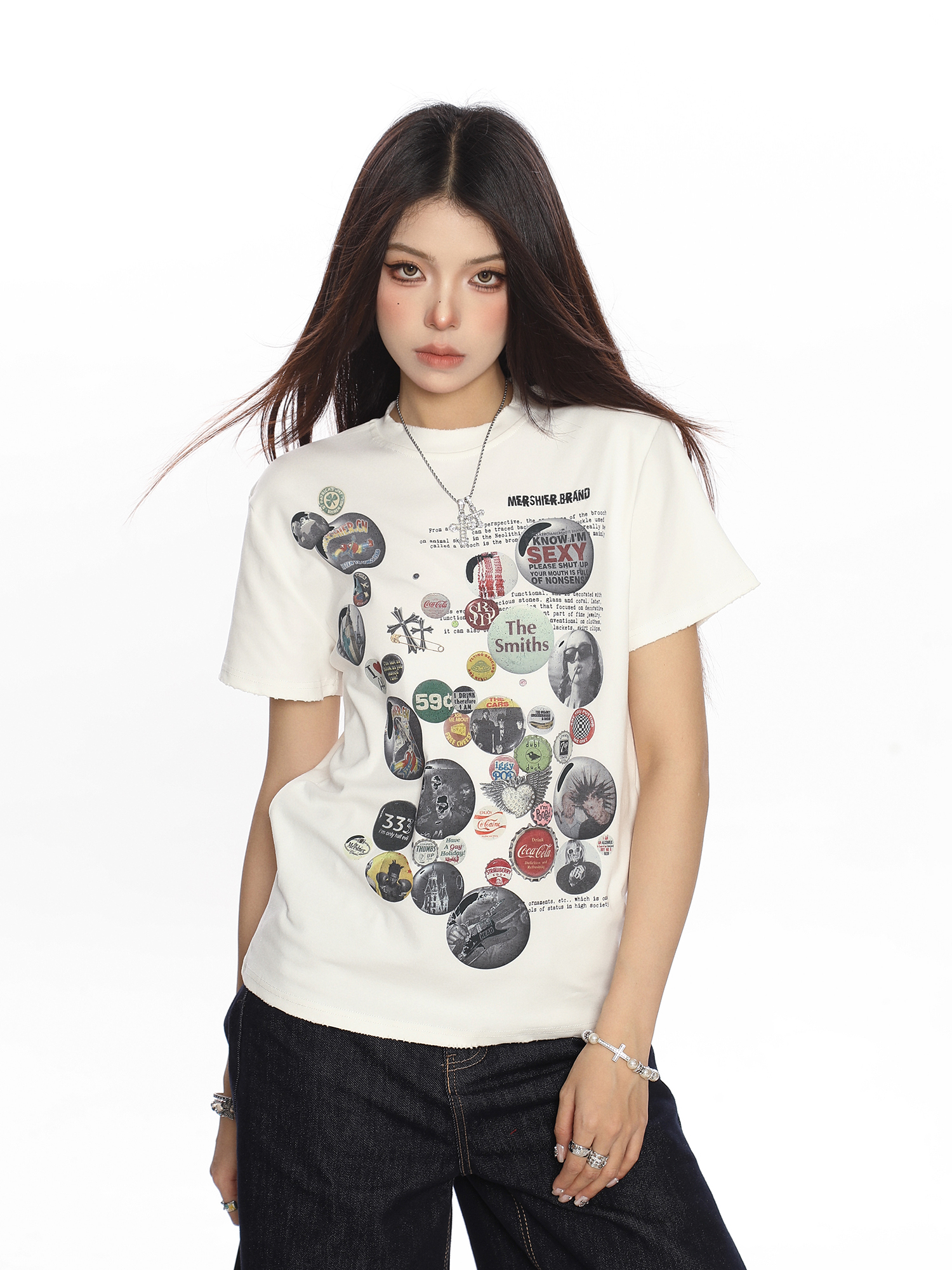 American Badge All-Over Print Round Neck Short Sleeve T-Shirt for Women - Summer Loose Casual Versatile Top, Trendy 90s Style American Badge All-Over Print Round Neck Short Sleeve T-Shirt for Women - Summer Loose Casual Versatile Top, Trendy 90s Style