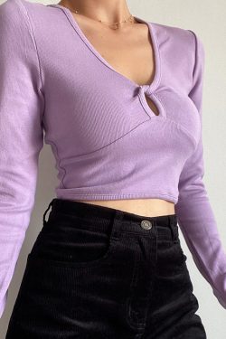 American Cute Girl V-Neck Hollow High Waist Short Slim Long Sleeve T-Shirt Top - Solid Color Y2K Style