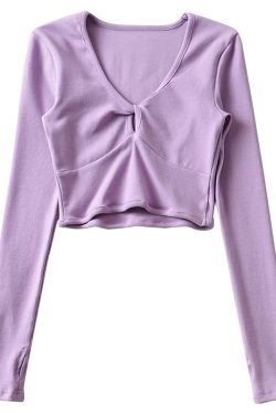 American Cute Girl V-Neck Hollow High Waist Short Slim Long Sleeve T-Shirt Top - Solid Color Y2K Style