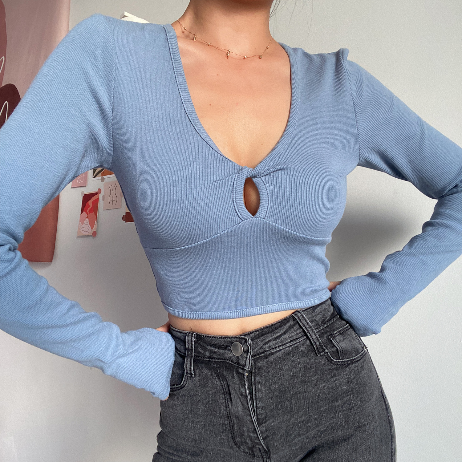 American Cute Girl V-Neck Hollow High Waist Short Slim Long Sleeve T-Shirt Top - Solid Color Y2K Style American Cute Girl V-Neck Hollow High Waist Short Slim Long Sleeve T-Shirt Top - Solid Color Y2K Style