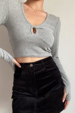 American Cute Girl V-Neck Hollow High Waist Short Slim Long Sleeve T-Shirt Top - Solid Color Y2K Style