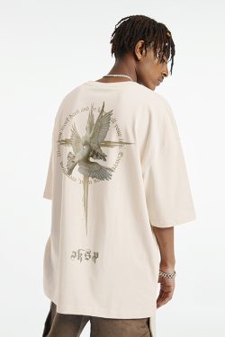 American Gothic Retro Peace Dove T-Shirt for Men - Oversized Short Sleeve High Street Fashion, Trendy Couple Tee