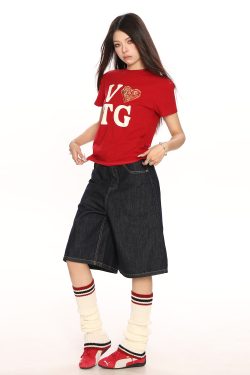 American Heart Letter Print Short Sleeve Crop Top T-Shirt for Women - Summer Casual Versatile Style