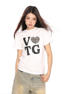 American Heart Letter Print Short Sleeve Crop Top T-Shirt for Women - Summer Casual Versatile Style