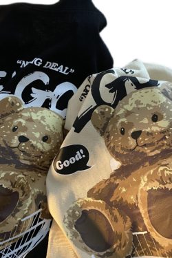 American Retro Bear Graphic Short Sleeve T-Shirt for Men and Women, Plus Size Loose-Fitting Couples Top, Trendy Streetwear