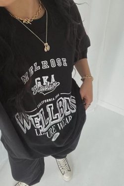 American Retro Black Letter Oversized Short Sleeve T-Shirt for Women - Summer 90s Street Style Top