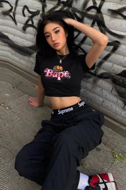 American Retro Camouflage Letter Monkey Black Slim Fit Short Sleeve T-Shirt for Women - Sweet and Spicy Y2K Style