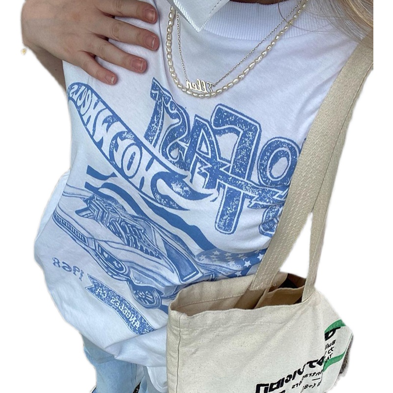 American Retro Car White T-Shirt for Women - Oversized Short Sleeve Vintage Top, Y2K Style Hot Girl Fashion American Retro Car White T-Shirt for Women - Oversized Short Sleeve Vintage Top, Y2K Style Hot Girl Fashion