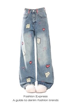 American Retro Cartoon Heart Embroidery Wide-Leg Denim Pants for Women - Casual Loose Fit Straight-Leg Trousers for Spring