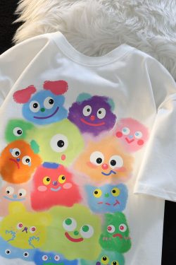 American Retro Cartoon Print Pure Cotton Short Sleeve T-Shirt for Men and Women, Plus Size Loose Fit Couple Top