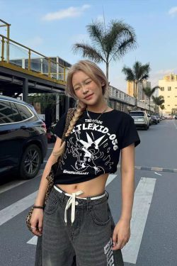 American Retro Cartoon Print Short Sleeve T-Shirt for Women - 2025 Summer Slim Fit Style, Perfect for Y2K and Vintage Fashion Lovers