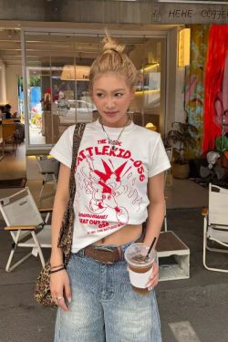 American Retro Cartoon Print Short Sleeve T-Shirt for Women - 2025 Summer Slim Fit Style, Perfect for Y2K and Vintage Fashion Lovers