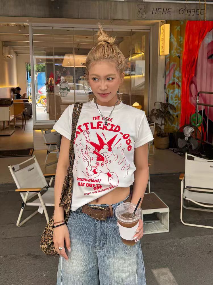 American Retro Cartoon Print Short Sleeve T-Shirt for Women - 2025 Summer Slim Fit Style, Perfect for Y2K and Vintage Fashion Lovers American Retro Cartoon Print Short Sleeve T-Shirt for Women - 2025 Summer Slim Fit Style, Perfect for Y2K and Vintage Fashion Lovers