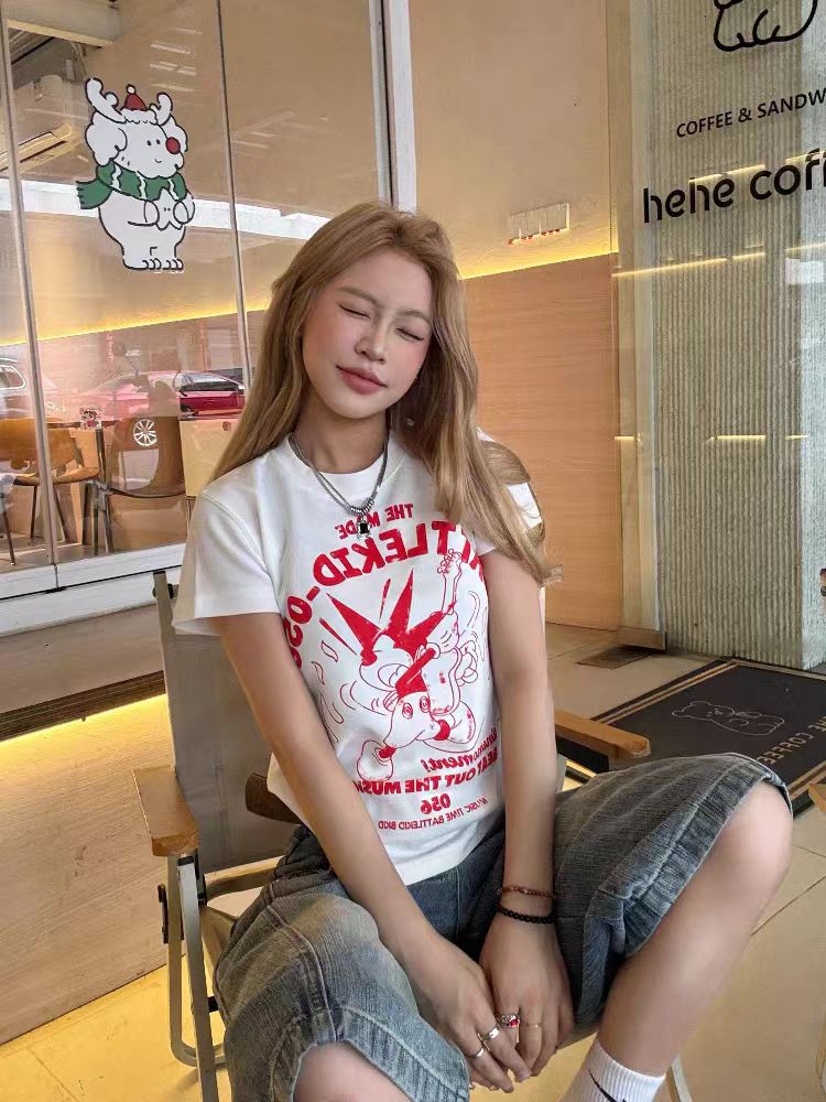 American Retro Cartoon Print Short Sleeve T-Shirt for Women - 2025 Summer Slim Fit Style, Perfect for Y2K and Vintage Fashion Lovers American Retro Cartoon Print Short Sleeve T-Shirt for Women - 2025 Summer Slim Fit Style, Perfect for Y2K and Vintage Fashion Lovers