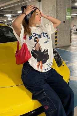 American Retro Cartoon White Short Sleeve T-Shirt for Women - Summer Oversized Street Style Top