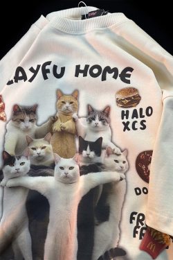 American Retro Cat Print Pure Cotton Short Sleeve T-Shirt for Men and Women - Plus Size Loose Couple Outfit - Y2K Style