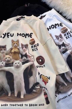 American Retro Cat Print Pure Cotton Short Sleeve T-Shirt for Men and Women - Plus Size Loose Couple Outfit - Y2K Style