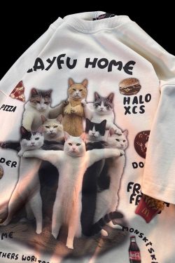 American Retro Cat Print Pure Cotton Short Sleeve T-Shirt for Men and Women - Plus Size Loose Couple Outfit - Y2K Style