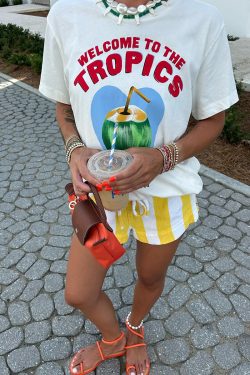 American Retro Coconut Print Pure Cotton Short-Sleeve T-Shirt for Women - Oversized Summer Y2K Trendy Top