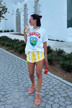 American Retro Coconut Print Pure Cotton Short-Sleeve T-Shirt for Women - Oversized Summer Y2K Trendy Top