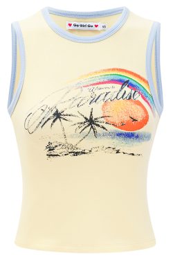American Retro Coconut Tree Beach Print Sleeveless Tank Top for Women - Slim Fit 90s Style DIY Summer Top