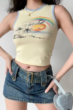 American Retro Coconut Tree Beach Print Sleeveless Tank Top for Women - Slim Fit 90s Style DIY Summer Top