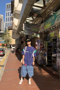 American Retro Color-Blocked Short Sleeve Sports Jersey for Men - Casual Loose Fit Summer Style