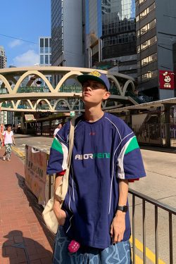 American Retro Color-Blocked Short Sleeve Sports Jersey for Men - Casual Loose Fit Summer Style