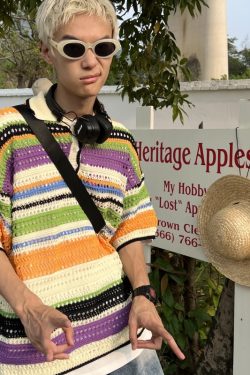 American Retro Colorful Striped Hollow Knit Shirt - Spring Summer Loose Casual Lapel Top for Trendy Style