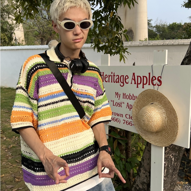 American Retro Colorful Striped Hollow Knit Shirt - Spring Summer Loose Casual Lapel Top for Trendy Style American Retro Colorful Striped Hollow Knit Shirt - Spring Summer Loose Casual Lapel Top for Trendy Style