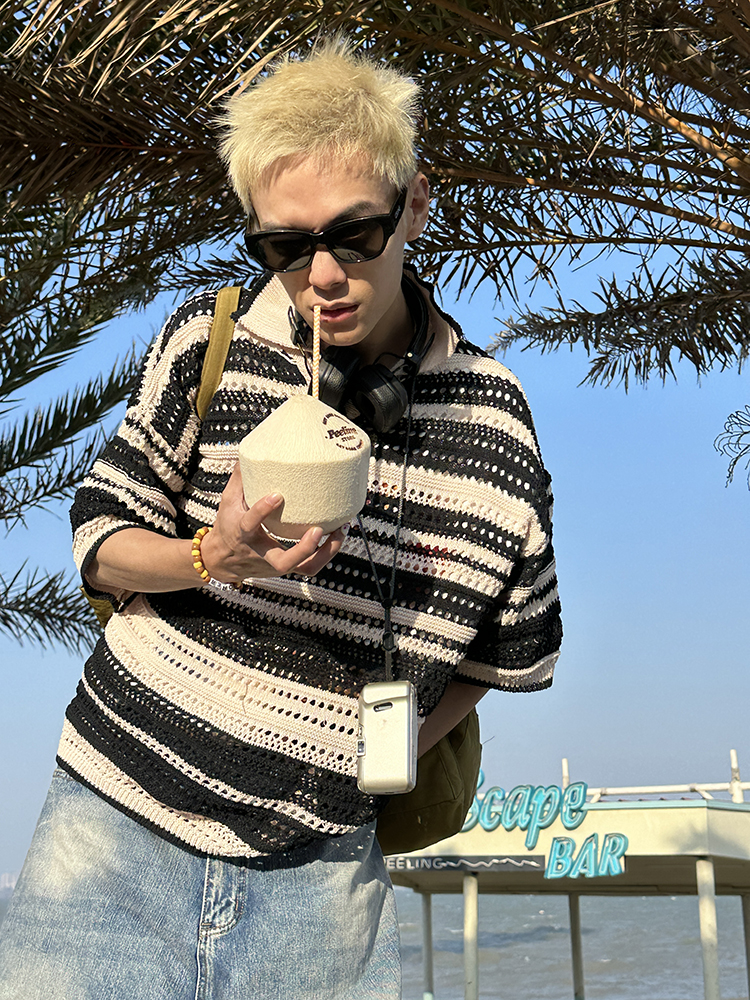 American Retro Colorful Striped Hollow Knit Shirt - Spring Summer Loose Casual Lapel Top for Trendy Style American Retro Colorful Striped Hollow Knit Shirt - Spring Summer Loose Casual Lapel Top for Trendy Style