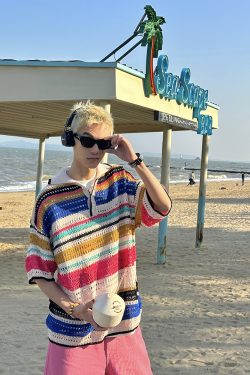 American Retro Colorful Striped Hollow Knit Shirt - Spring Summer Loose Casual Lapel Top for Trendy Style