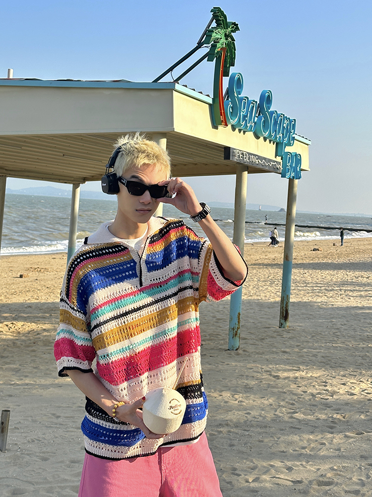 American Retro Colorful Striped Hollow Knit Shirt - Spring Summer Loose Casual Lapel Top for Trendy Style American Retro Colorful Striped Hollow Knit Shirt - Spring Summer Loose Casual Lapel Top for Trendy Style