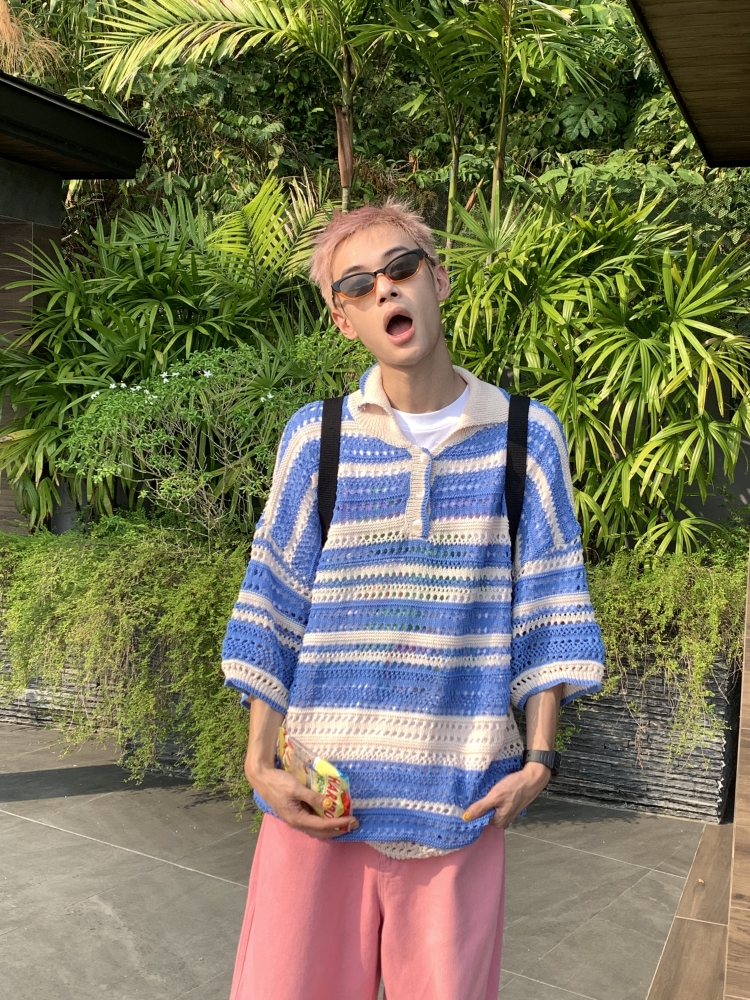 American Retro Colorful Striped Hollow Knit Shirt - Spring Summer Loose Casual Lapel Top for Trendy Style American Retro Colorful Striped Hollow Knit Shirt - Spring Summer Loose Casual Lapel Top for Trendy Style