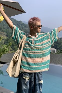 American Retro Colorful Striped Hollow Knit Shirt - Spring Summer Loose Casual Lapel Top for Trendy Style