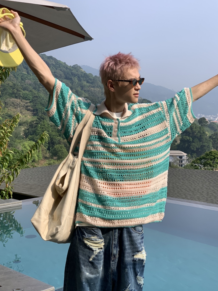 American Retro Colorful Striped Hollow Knit Shirt - Spring Summer Loose Casual Lapel Top for Trendy Style American Retro Colorful Striped Hollow Knit Shirt - Spring Summer Loose Casual Lapel Top for Trendy Style