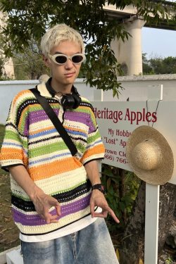 American Retro Colorful Striped Hollow Knit Shirt - Spring Summer Loose Casual Lapel Top for Trendy Style