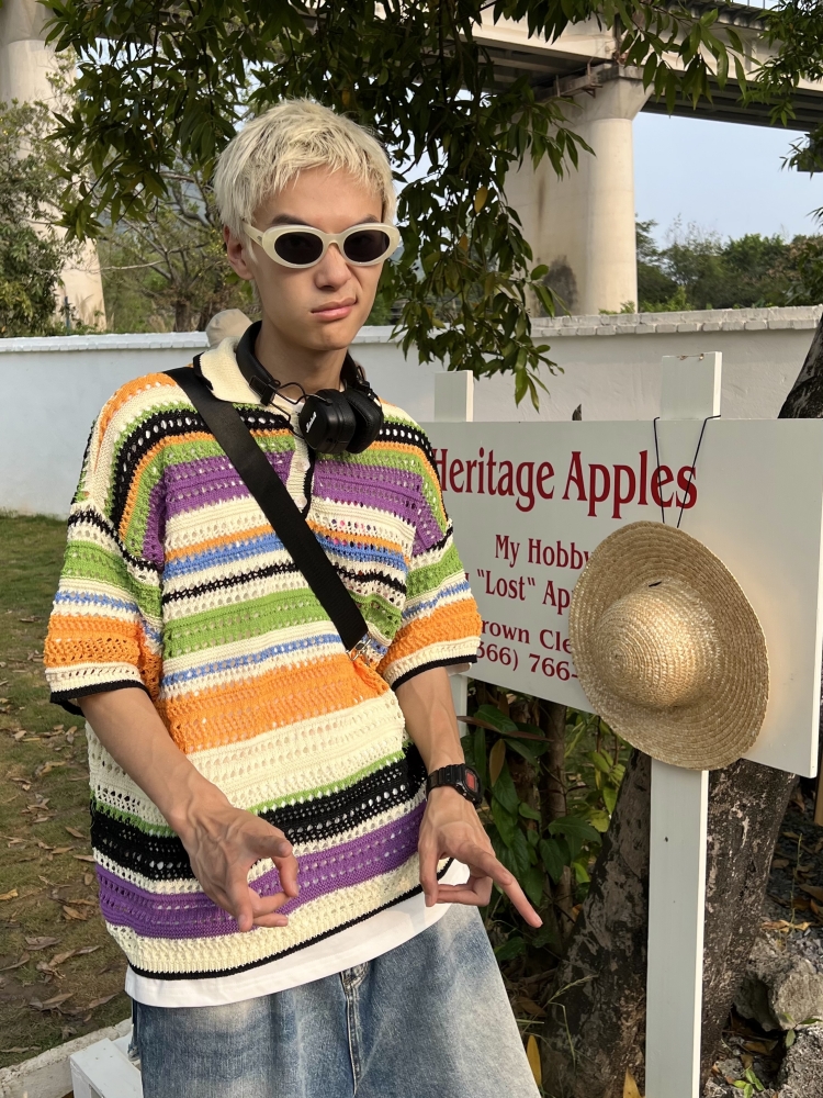 American Retro Colorful Striped Hollow Knit Shirt - Spring Summer Loose Casual Lapel Top for Trendy Style American Retro Colorful Striped Hollow Knit Shirt - Spring Summer Loose Casual Lapel Top for Trendy Style