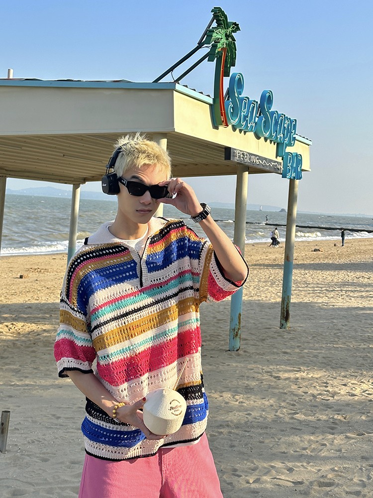 American Retro Colorful Striped Hollow Knit Shirt - Spring Summer Loose Casual Lapel Top for Trendy Style American Retro Colorful Striped Hollow Knit Shirt - Spring Summer Loose Casual Lapel Top for Trendy Style