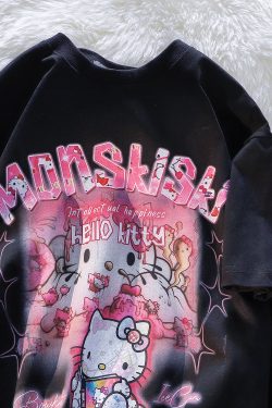 American Retro Cute Hello Kitty Cotton Short Sleeve T-Shirt for Men and Women Plus Size Loose Fit Trendy Couple Top