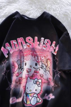 American Retro Cute Hello Kitty Cotton Short Sleeve T-Shirt for Men and Women Plus Size Loose Fit Trendy Couple Top