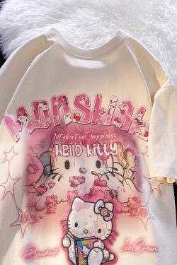 American Retro Cute Hello Kitty Cotton Short Sleeve T-Shirt for Men and Women Plus Size Loose Fit Trendy Couple Top