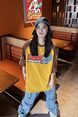 American Retro Distressed Letter Print Spliced Raglan Sleeve T-Shirt for Women - Loose Fit, Summer 2025, Casual Style