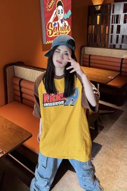 American Retro Distressed Letter Print Spliced Raglan Sleeve T-Shirt for Women - Loose Fit, Summer 2025, Casual Style