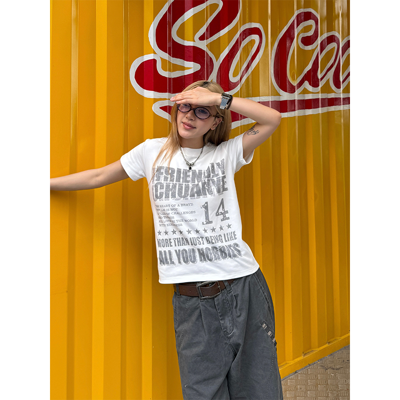 American Retro Distressed Printed Shoulder Short Sleeve Women's T-Shirt - Casual Summer Top, Y2K Style American Retro Distressed Printed Shoulder Short Sleeve Women's T-Shirt - Casual Summer Top, Y2K Style