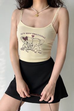 American Retro Elephant Cartoon Print Cami Top for Women - Slim Fit Short Crop Top, Y2K Style