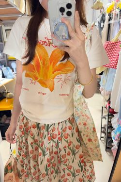 American Retro Floral Lily Print Short Sleeve T-Shirt for Women - Summer Casual Slim Fit, Versatile Y2K Style