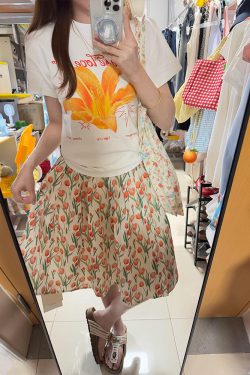 American Retro Floral Lily Print Short Sleeve T-Shirt for Women - Summer Casual Slim Fit, Versatile Y2K Style