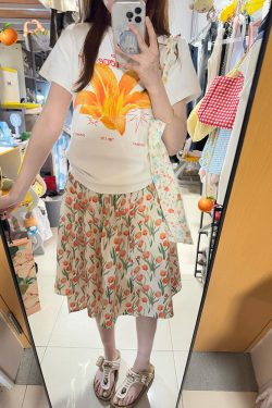 American Retro Floral Lily Print Short Sleeve T-Shirt for Women - Summer Casual Slim Fit, Versatile Y2K Style